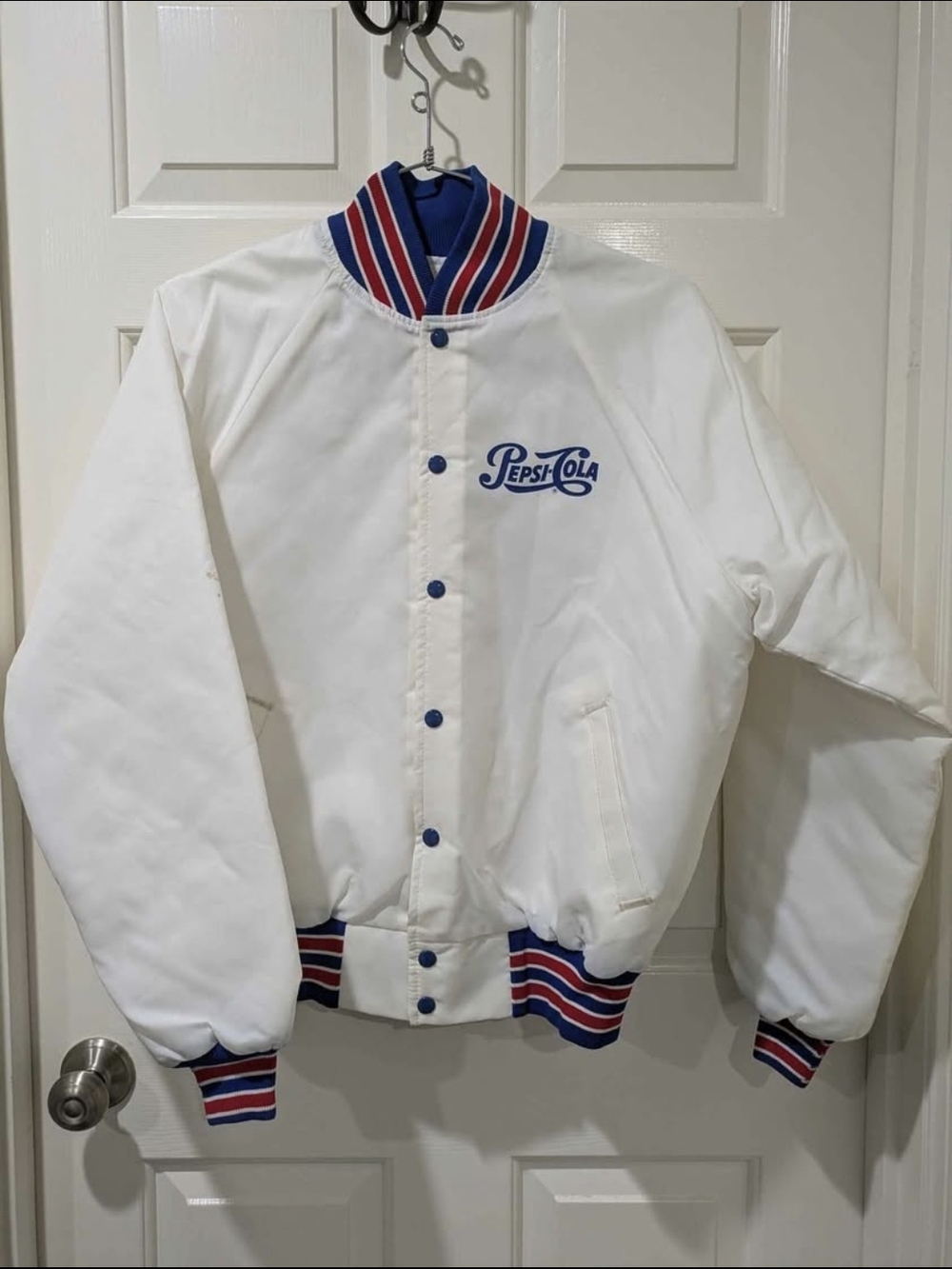 Vintage 80's Pepsi Cola Satin Bomber Jacket Red & Blue Stripes Adult Large